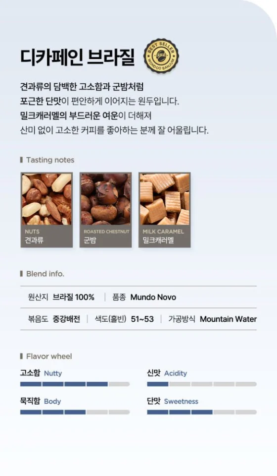 1kg 디카페인 원두 커피 브라질 산미없는 고소한 아라비카 당일로스팅 홀빈 카페 납품 콩
