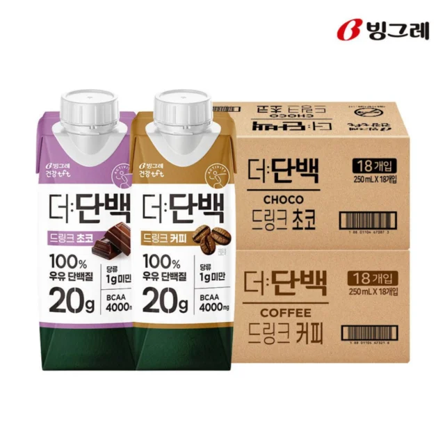 빙그레 더단백 프로틴음료 단백질 드링크 250ml 초코맛 18팩 + 커피맛 18팩