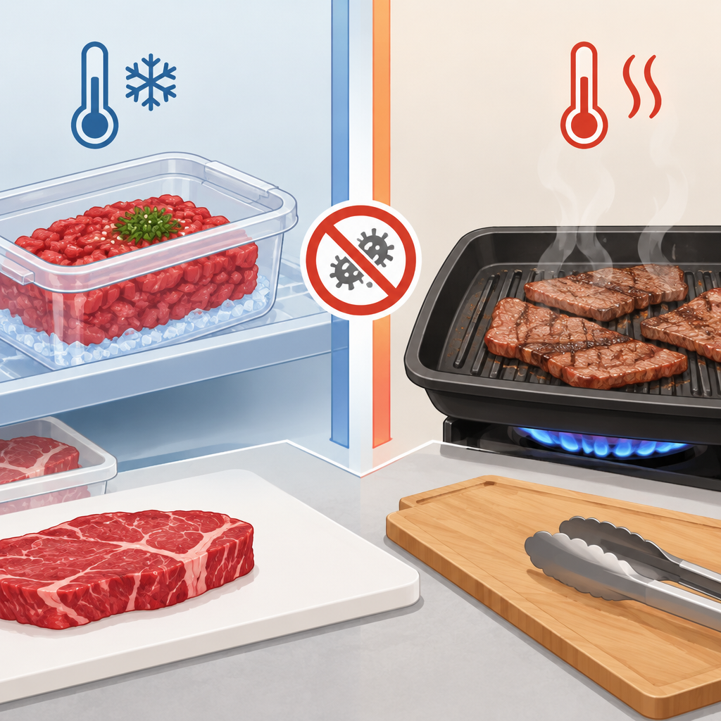 AI 생성 설명 이미지 1: 안산일동맛집에서 육회와 구이용 고기, 취급 기준은 어떻게 다를까?